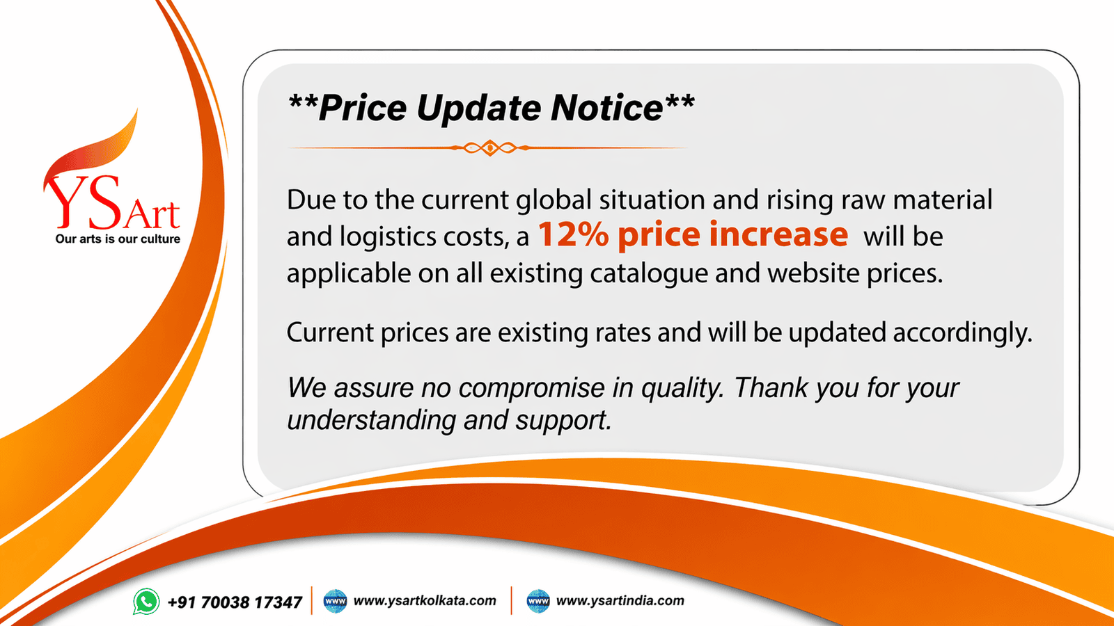 Price Update: 12% Increase Due to Current Global Situation | YS Art Kolkata